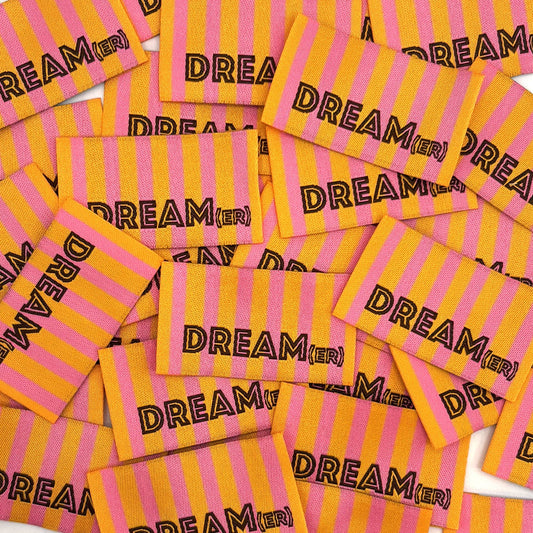 Etiquette Tissée à coudre : rayures DREAM(ER) - ORANGE ROSE