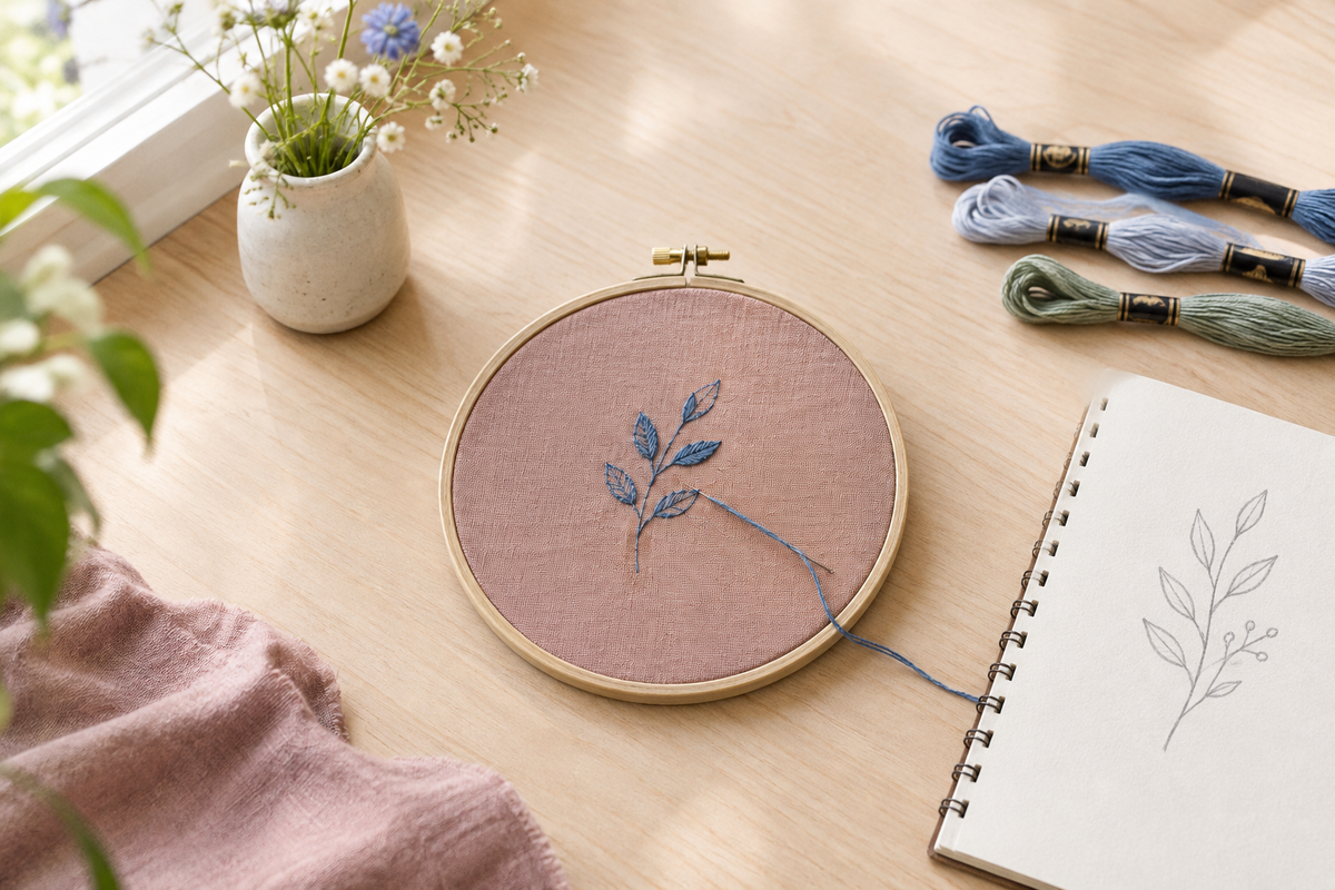Cercle à broder de 19,5 cm sur tissu rose poudré, avec carnet A4