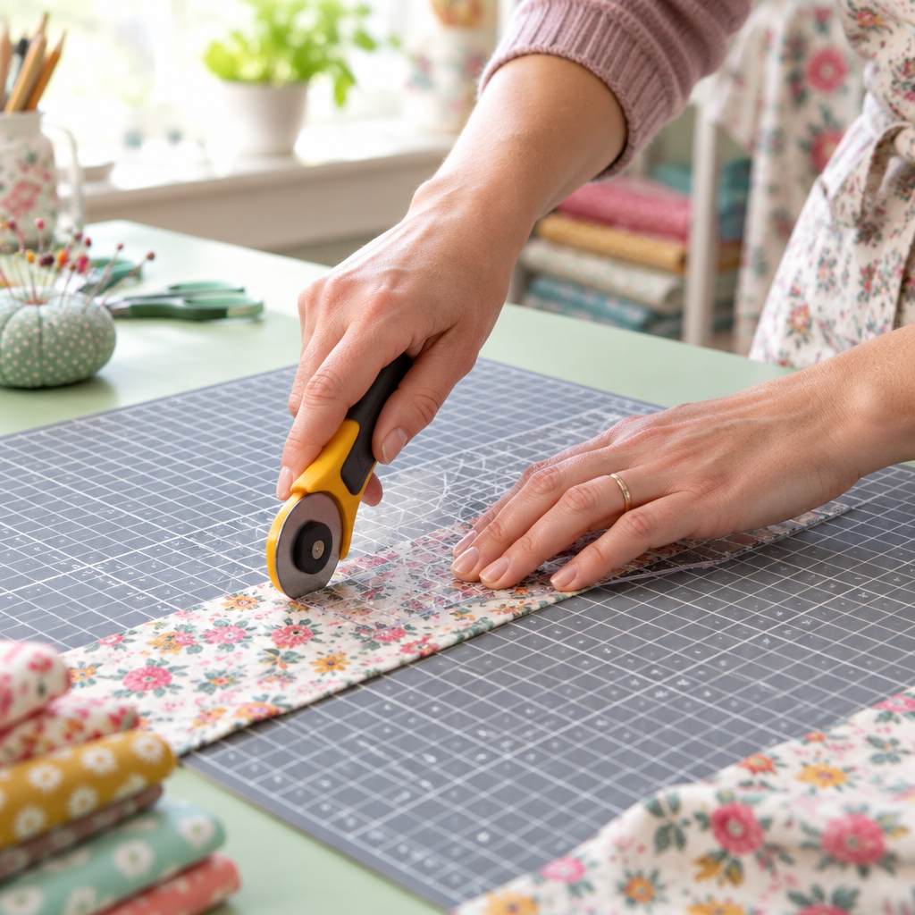 Mains coupant une bande de tissu fleuri au cutter rotatif le long d'une règle sur une planche de découpe grise