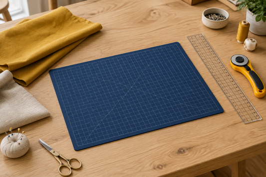 Planche de découpe bleu marine 45 × 30 cm sur table en bois avec règle et cutter rotatif