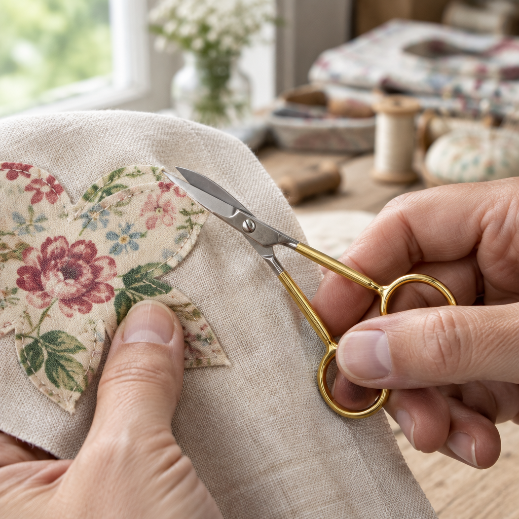 Mains d'une couturière recoupant un appliqué en tissu fleuri avec des ciseaux pélican dorés