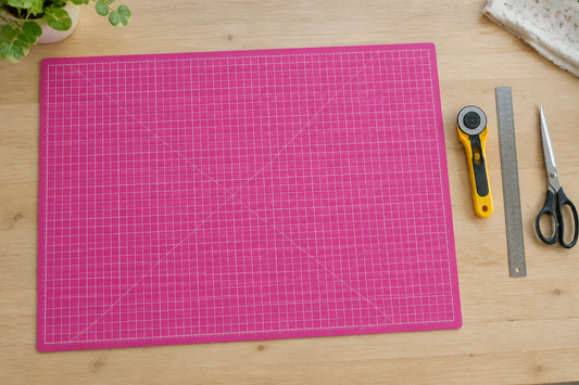 Planche de découpe fuchsia quadrillée 45x30 cm sur une table en bois clair avec cutter rotatif, règle et ciseaux