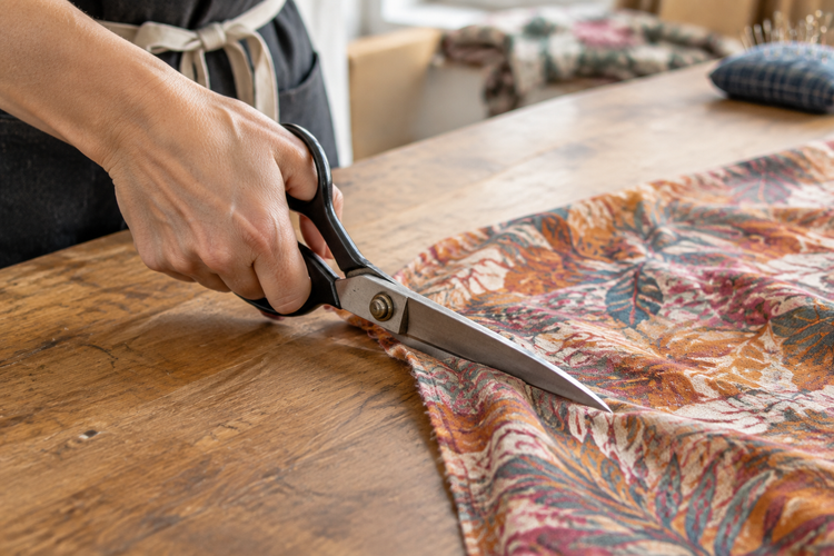 Photo naturelle d’une main coupant du tissu avec des ciseaux
