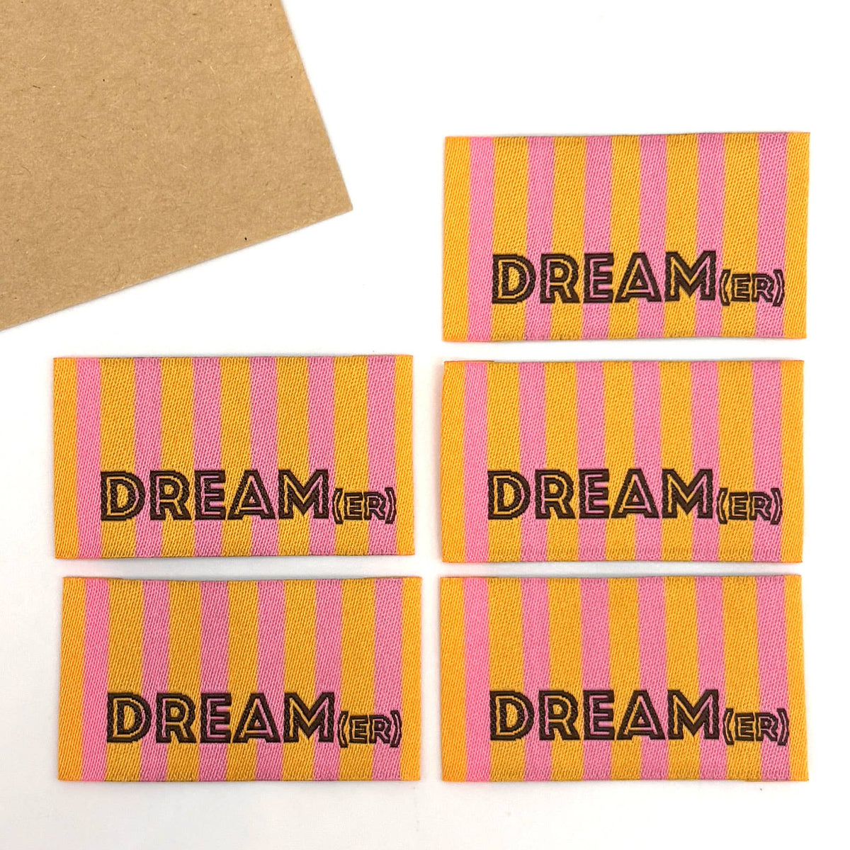 Etiquette Tissée à coudre : rayures DREAM(ER) - ORANGE ROSE