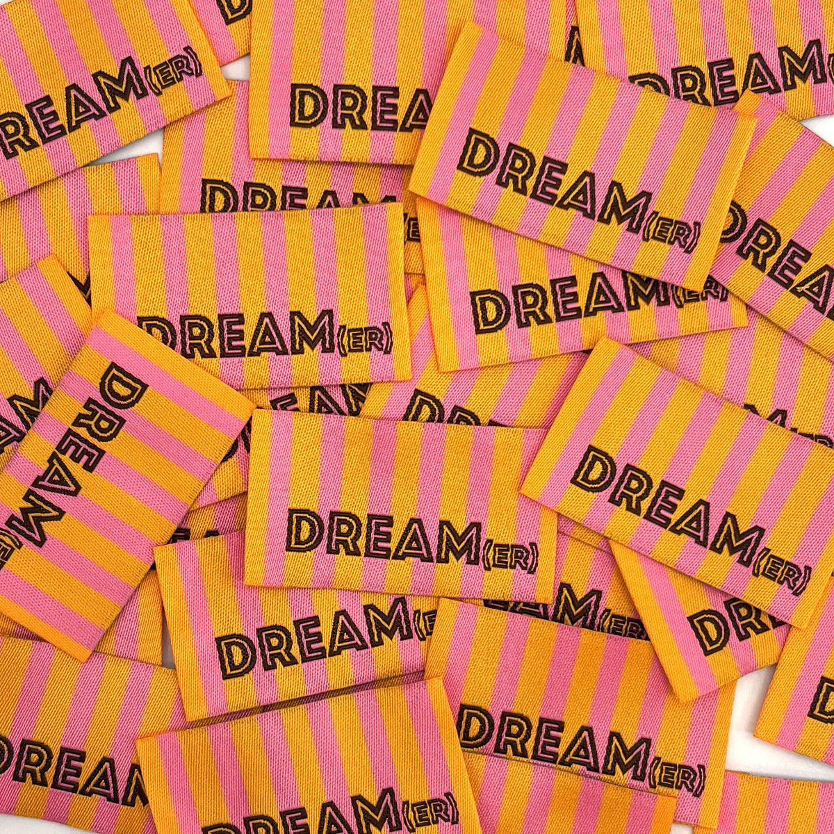 Etiquette Tissée à coudre : rayures DREAM(ER) - ORANGE ROSE