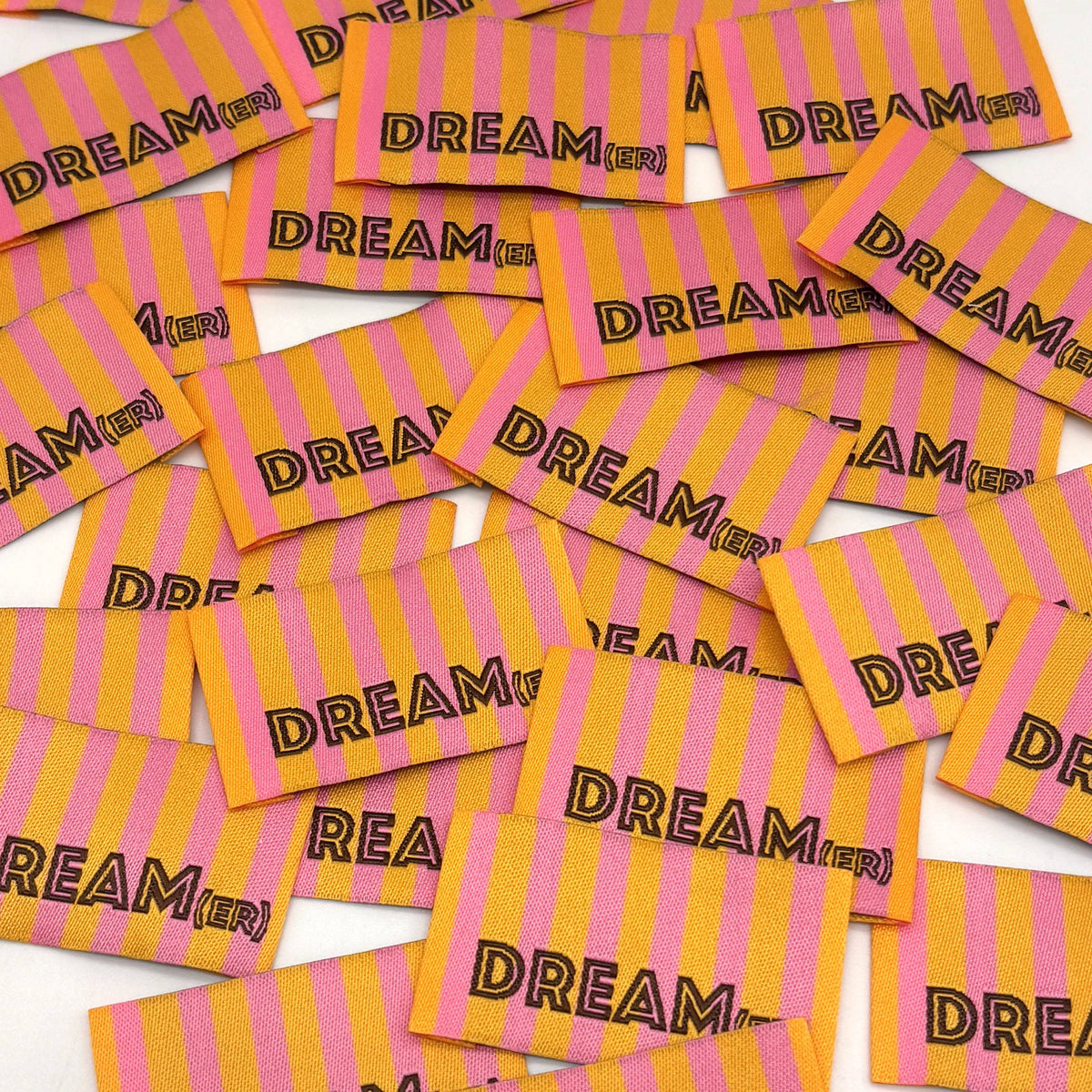 Etiquette Tissée à coudre : rayures DREAM(ER) - ORANGE ROSE