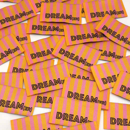 Etiquette Tissée à coudre : rayures DREAM(ER) - ORANGE ROSE