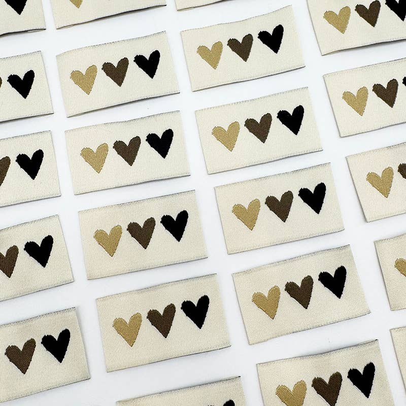 Etiquette Tissée à coudre : 3 coeurs - BRUN