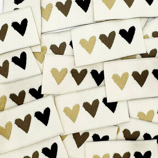 Etiquette Tissée à coudre : 3 coeurs - BRUN