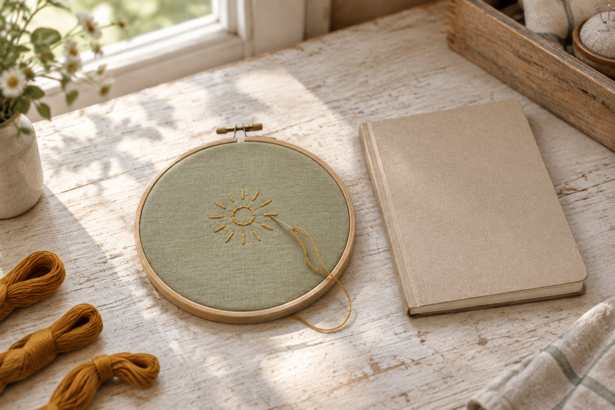Cercle à broder de 17 cm sur tissu sauge, motif soleil ocre