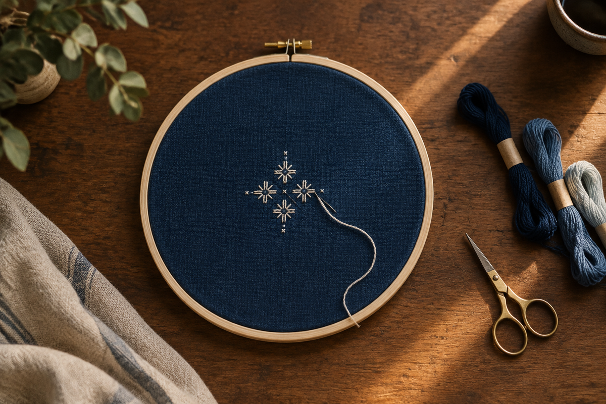 Cercle à broder de 25 cm dans un atelier, sur tissu indigo