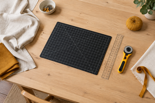 Planche de découpe noire 45 × 30 cm avec règle et cutter rotatif sur table en bois clair