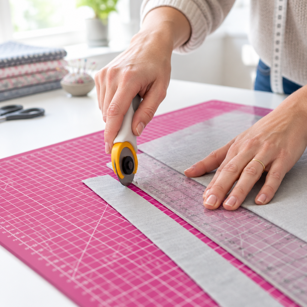 Mains coupant une bande de tissu au cutter rotatif le long d'une règle sur une planche de découpe fuchsia