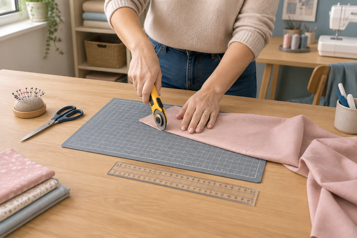 Mains découpant un tissu rose sur une planche de découpe grise 45 × 30 cm
