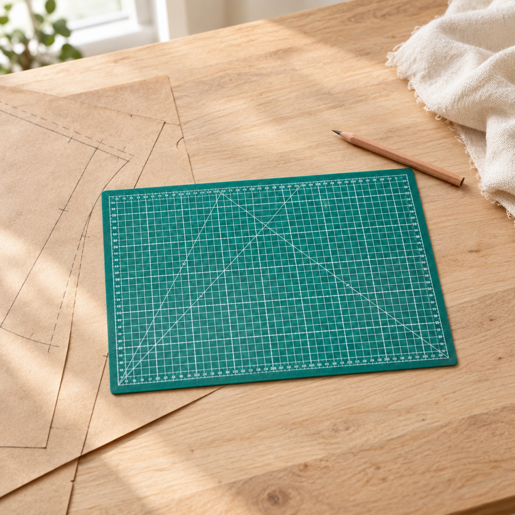 Planche de découpe verte quadrillée 30x22 cm sur une table en bois clair avec papier patron et tissu écru