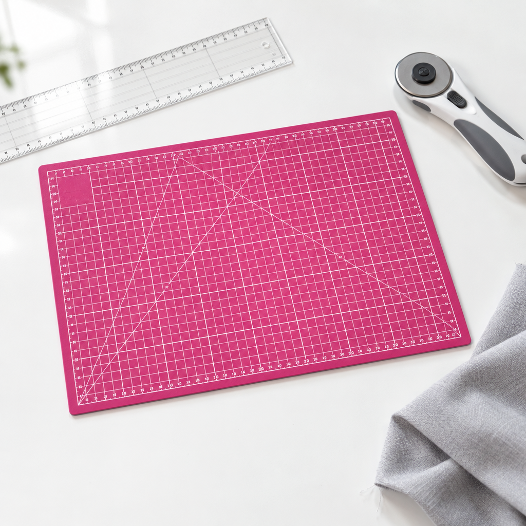Planche de découpe fuchsia quadrillée 30x22 cm sur un bureau blanc avec règle transparente et cutter rotatif