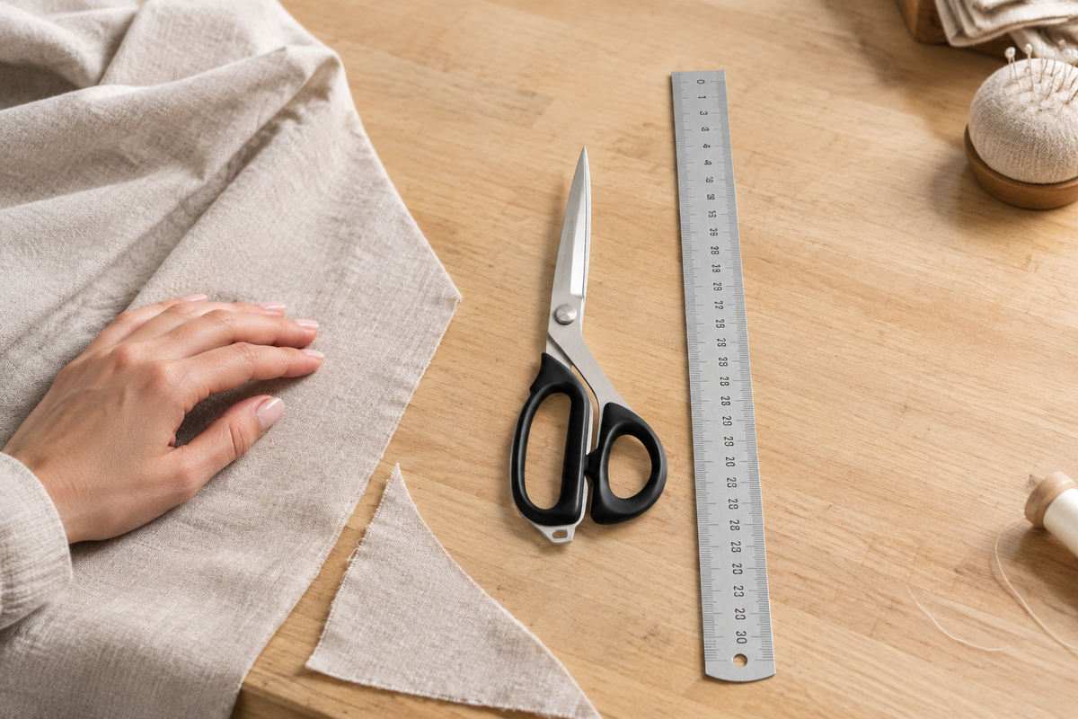 Ciseaux de couture Katana M2032 de 20 cm posés près d’une règle de 30 cm et d’un tissu en lin