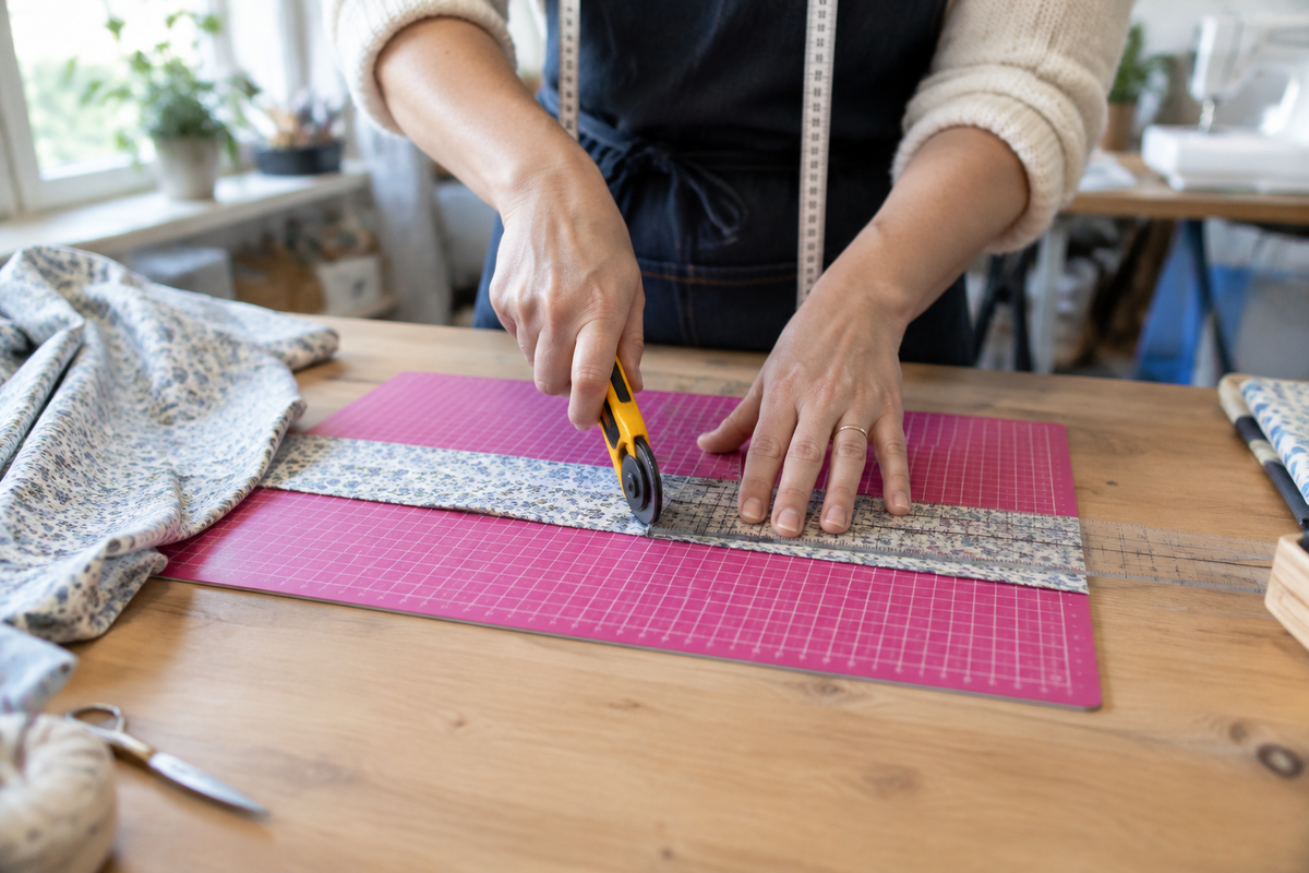 Mains coupant une bande de tissu au cutter rotatif sur une planche de découpe fuchsia 45x30 cm