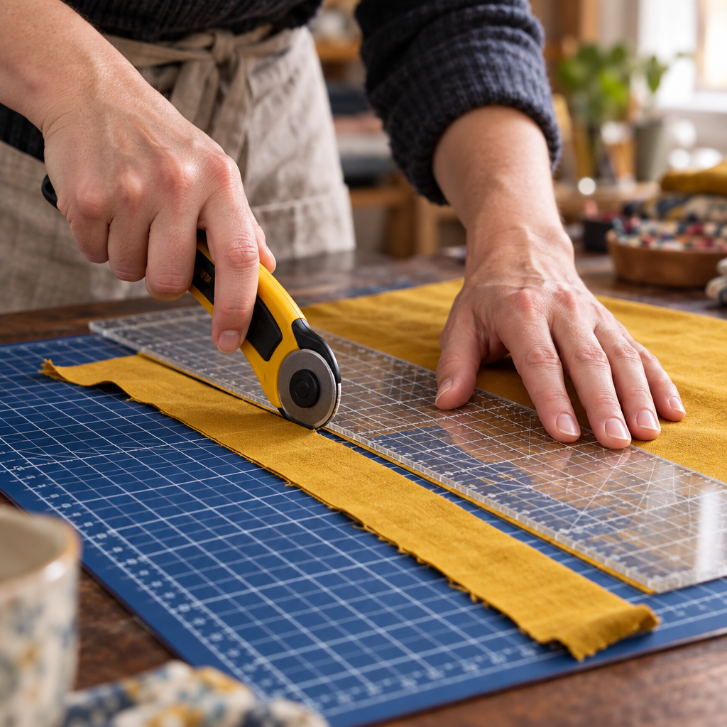 Mains coupant une bande de tissu moutarde au cutter rotatif le long d'une règle sur une planche de découpe bleu marine