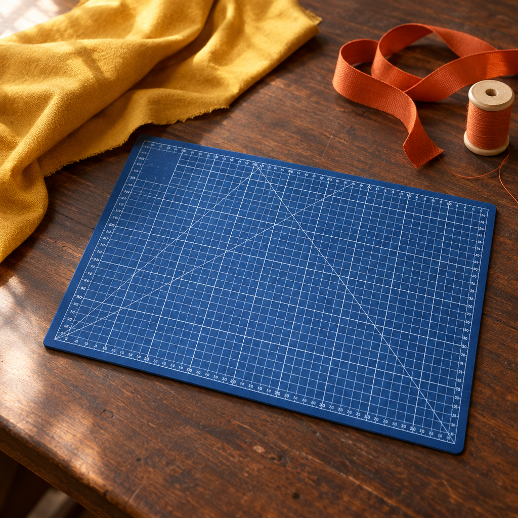 Planche de découpe bleu marine quadrillée 30x22 cm sur une table en bois foncé avec tissu moutarde et ruban orange