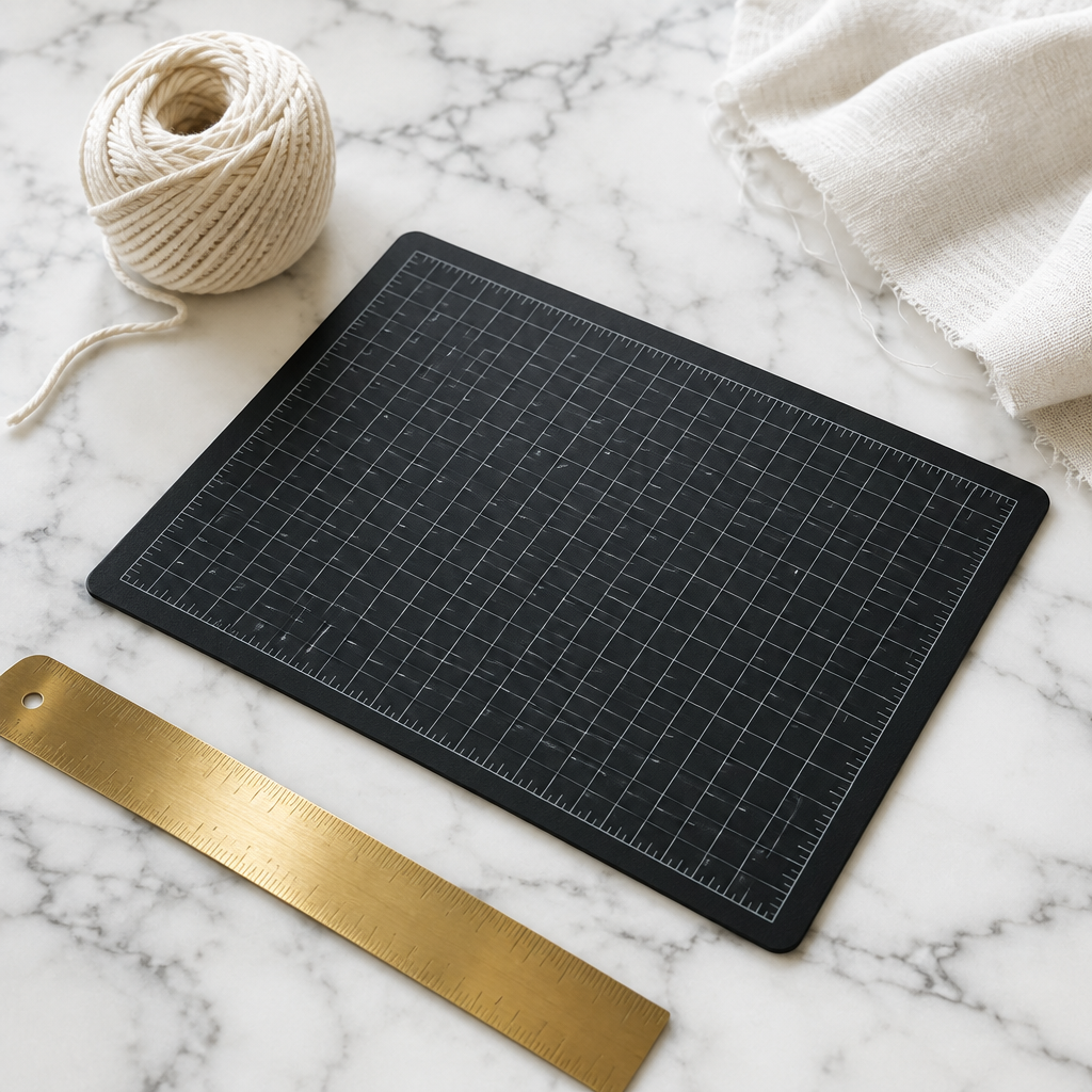 Planche de découpe noire quadrillée 30x22 cm sur un plan en marbre blanc avec règle en laiton et lin écru