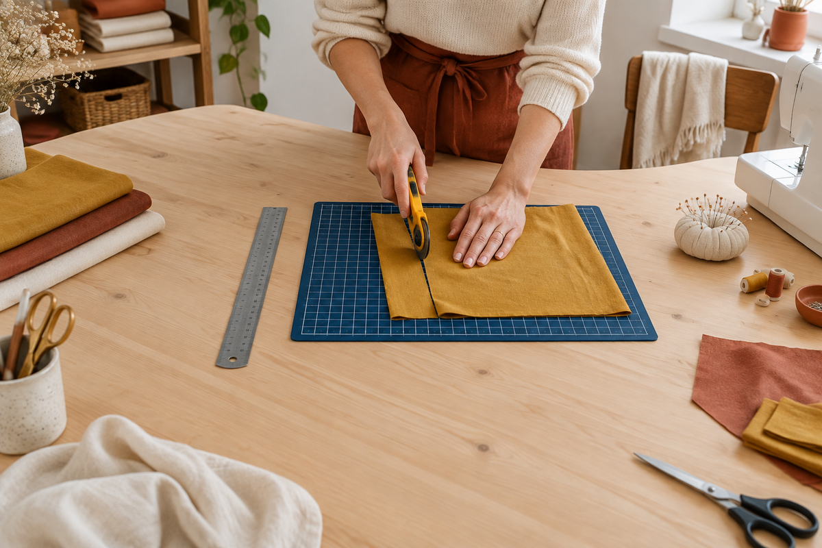 Mains coupant un tissu moutarde sur une planche de découpe bleu marine 45 × 30 cm
