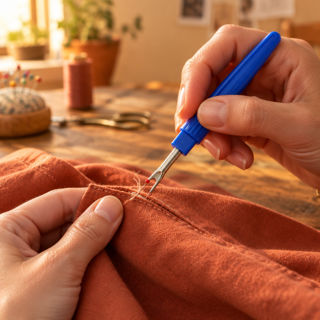 Mains défaisant une couture sur un tissu de coton terracotta avec un grand découseur à manche bleu