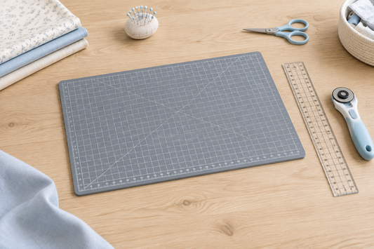 Planche de découpe grise 45 × 30 cm sur une table avec règle et cutter rotatif