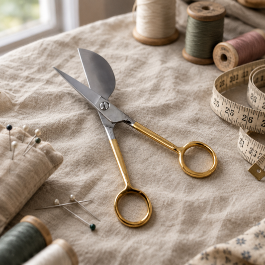 Ciseaux pélican 15 cm dorés posés sur du tissu de coton beige avec bobines de fil et mètre ruban