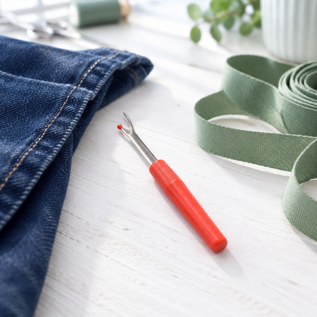 Petit découseur rouge (découd-vite) posé sur un plan de travail clair avec tissu en jean et ruban vert sauge