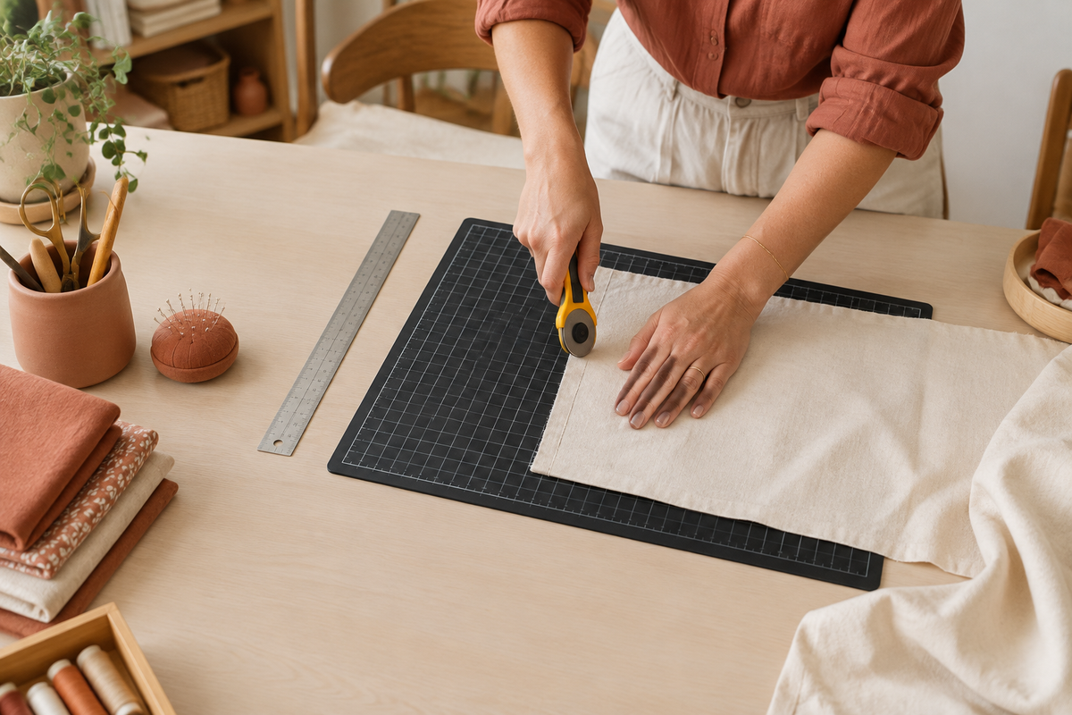 Mains coupant un tissu écru sur une planche de découpe noire 45 × 30 cm