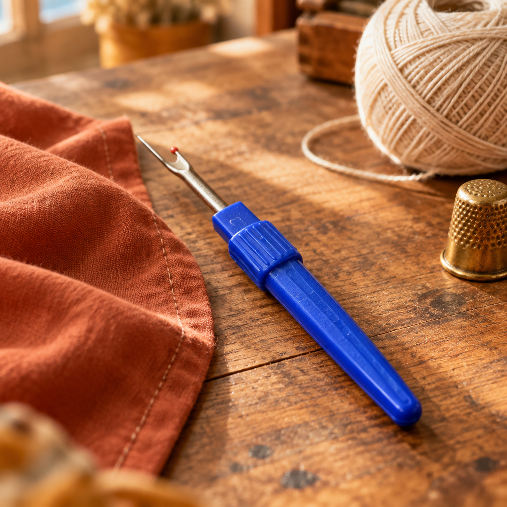 Grand découseur bleu (découd-vite) posé sur une table en bois avec tissu terracotta, fil écru et dé à coudre